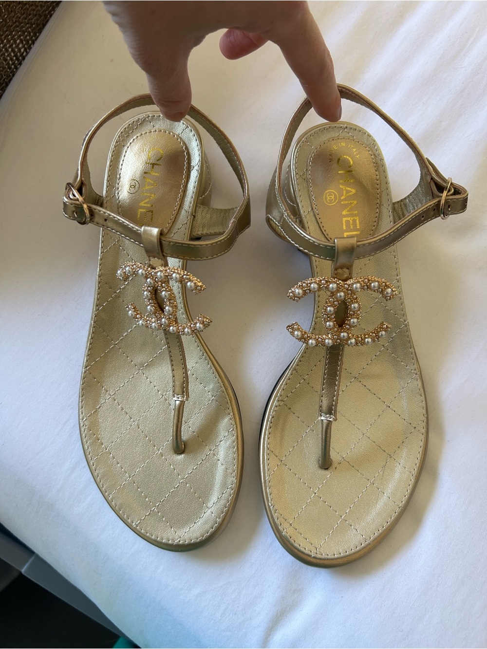 Metallic Gold Pearl-Embellished T-Strap Sandals